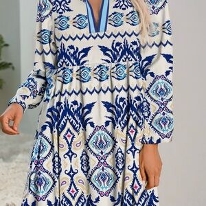 Blue and White Patterned Maxi Dress